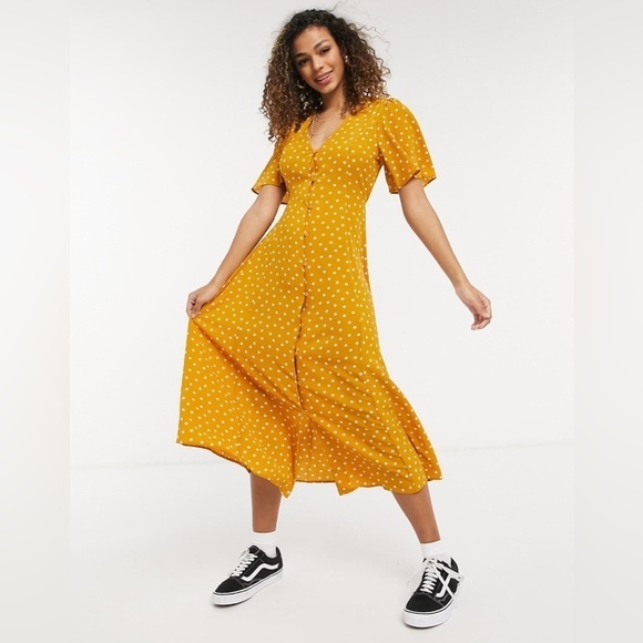 Size 6 polkadot, midi, button-down dress, mustard, yellow V-neck waist. ASOS - Picture 1 of 11